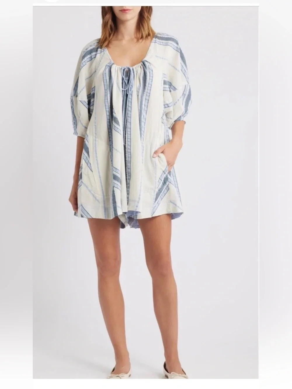 NWOT Free People Bop Around Stripe Romper Size XS Tie Front Cream Blue Boho